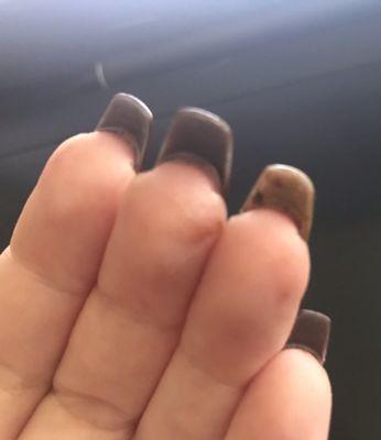 Clumps under nails, polish on fingers