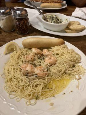 Shrimp scampi, artichoke spinach dip.