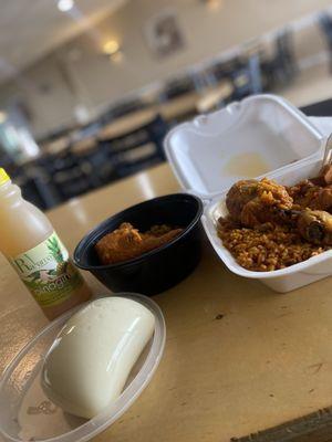 Two meals: Fufu with chicken and Jollof rice with chicken and plantains and ginger drink