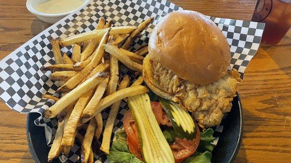 Pork tenderloin sandwich and fresh cut fries