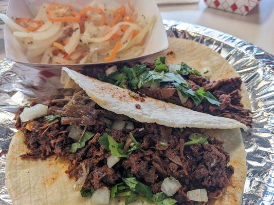 Pancita tacos with pickled onion and (very) hot peppers