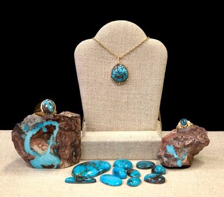 Natural Bisbee Turquoise set in Gold by Master Lapidary Bruce Mead.