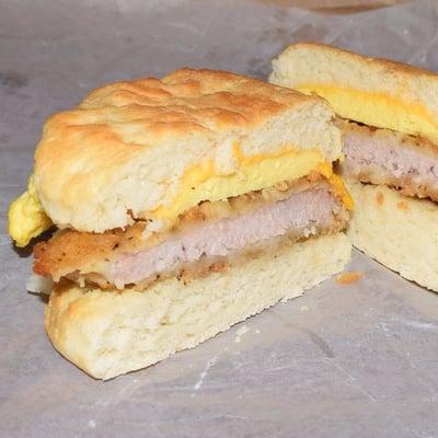 Fried PorkChop Biscuit w/ Egg & Cheese: PG's - Reidsville NC