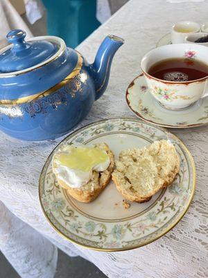 Heart shaped scone with clotted cream and lemon curd