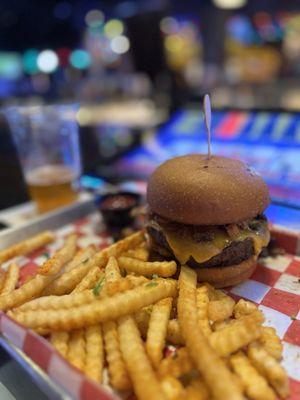 The Rottweiler burger, fries not tots!  Space Dust IPA.