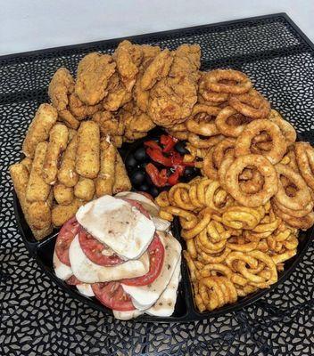 Platter: homemade mozzarella and tomatoes, Assorted French Fries Chicken tenders Mozzarella Sticks