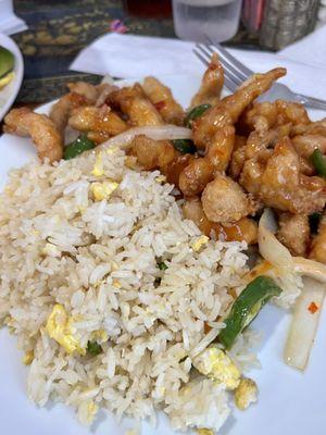 Fried rice and spicy Thai chicken.