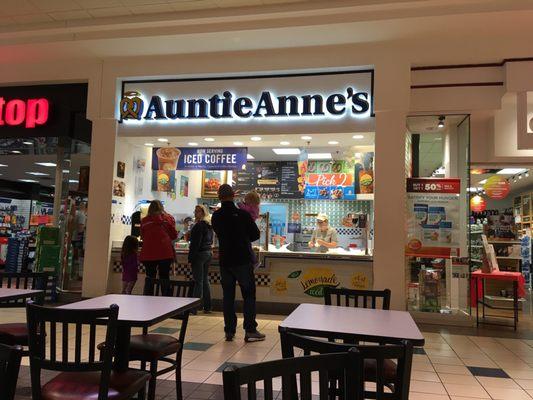 Auntie Anne's located in the middle of the mall across from Finish Line.