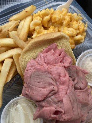 Pit Beef platter. Perfectly cooked fresh hot fries and creamy mac & cheese.