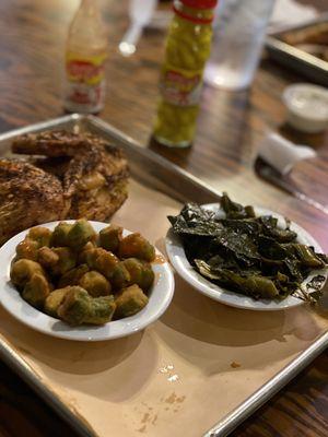 Smoked Half Chicken with okra and collards