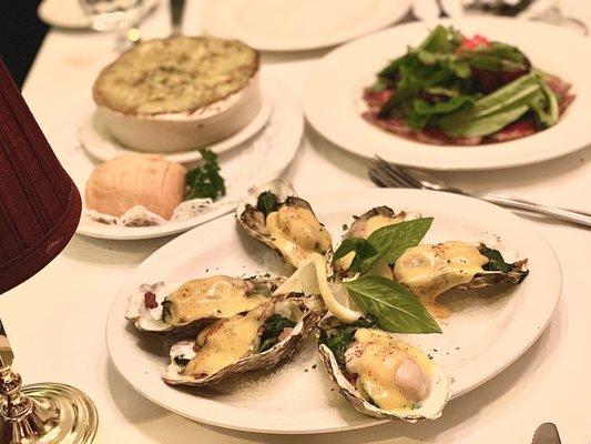 oyster rockefeller, escargot, steak tataki