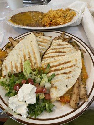 Chicken Quesadilla, rice & beans