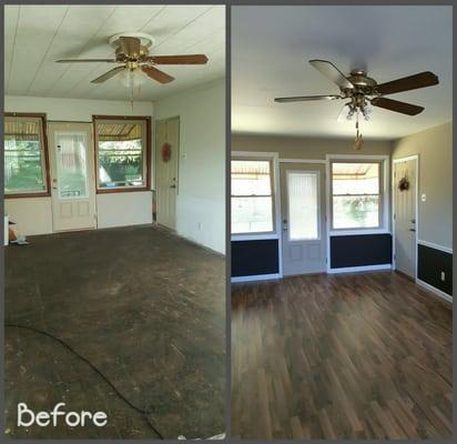 Resurfaced ceiling, new molding, laminate floor, & painted everything. A job, well done! Both doors replaced by Viviano.