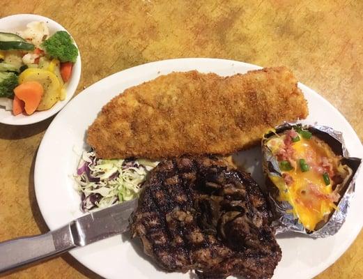 Wrigley Field combination: 12oz ribeye, fried snapper (usually grilled), and sides