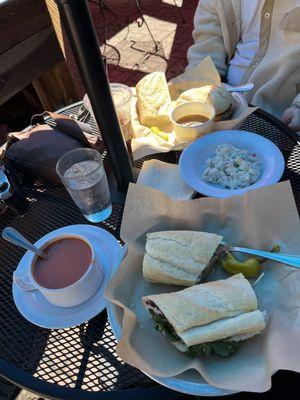 Roasted red pepper and tomato soup, Turkey cranberry on baguette, hot beef dip sandwhich (spicy!) and potato salad