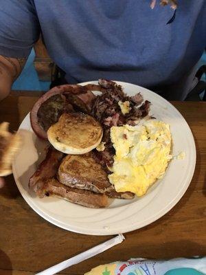 The Big O!   Scrambled Eggs, Bacon, Ham, sausage patty, French toast, English muffin!   With the Endless cup of coffee!