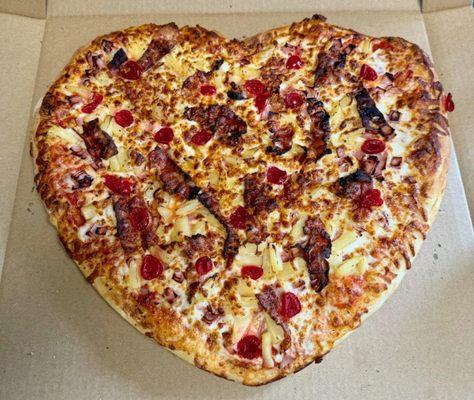 KJ's Heart shaped Hawaiian Tropic pizza.