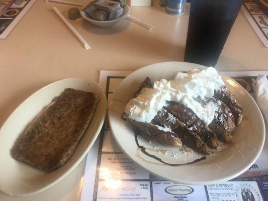 Stuffed french toast with turtle topping with a side of HOMEMADE goetta