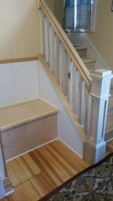 Stairs Bench and Nuel post and Railings rebuilt at 743 Kirkwood Ave clients Ruan and Liz Mass Iowa.City Ia