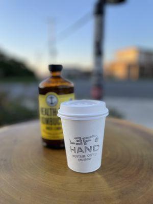 Flat white and ginger-lemon kombucha