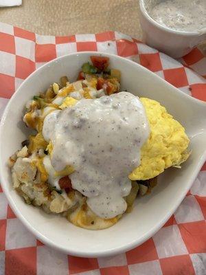 Vege skillet topped with sausage gravy