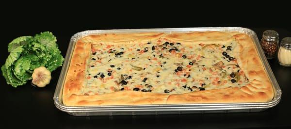 Huge Party Sized pizzas available! 18" x 26" gives you 45 slices.