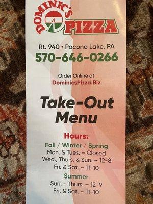 Take out menu with hours and website