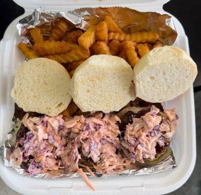 Teriyaki sliders with Asian slaw and fries