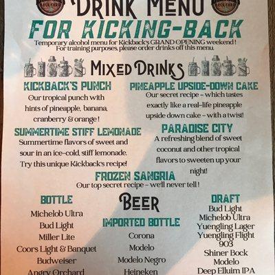 Temporary Drink Menu