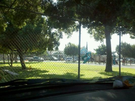 The playground with trees n a grass area