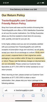 Return Policy from Tractor Supply website