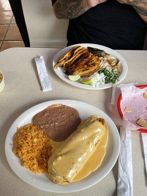 Chicken Chimichanga plate and Barbacoa tacos