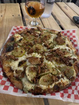 Voo-dill pickle + chorizo pizza