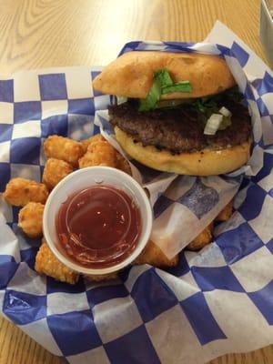 The bulldog burger, with tots.