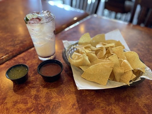 Chips and salsa and the blackberry margarita