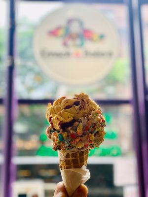 Fruity Pebbles waffle cone with ice cream flavor:Space Cake.