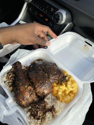 Jerk Chicken, Rice and Peas and macaroni