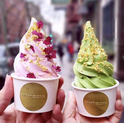 Gold Flake Lychee Rose ice cream & Gold Flake Matcha Ice Cream.
 @lifesotasty_