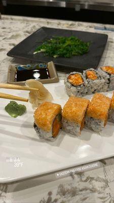 Rose Roll with a Spicy Tuna roll and a seaweed salad