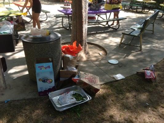 Rotting food and flies laying next to the trash can while we set up for our party.