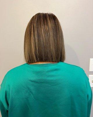 Soft balayage and a bob haircut done by stylist Ellen