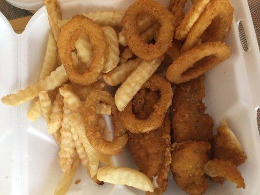 Chicken strip dinner (subbed out fries and rolls for onion rings)