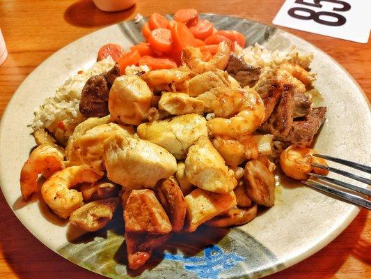 Hibachi chicken, shrimp, and beef.