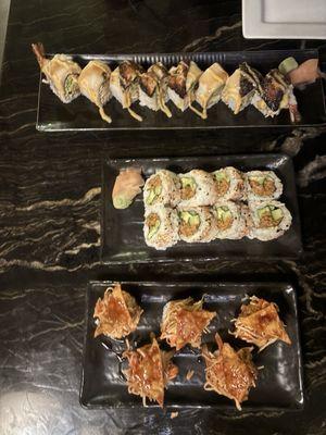 Sin City roll, spicy tuna roll and HM Roll