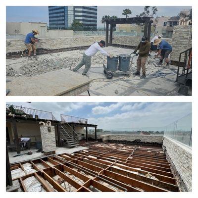 Removing top layer of concrete + semi-rotten plywood base for a water damage mitigation demolition job.