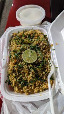 Lamb biryani. Use the yogurt sauce too