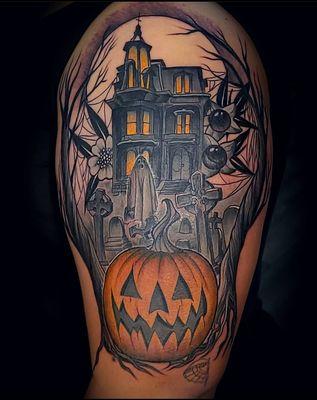 by Tiffany Text us 310-961-0454 Spooky full color tattoo with Halloween pumpkin.