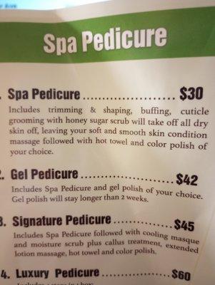 Glamour nails pedicure menu with prices