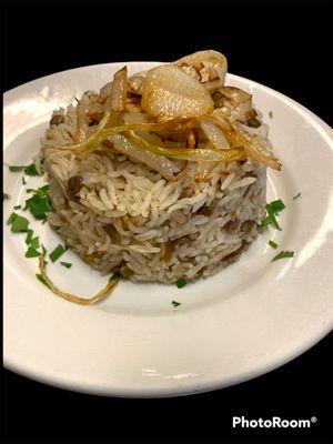 Majadra rice (lentils and grilled onions on top)