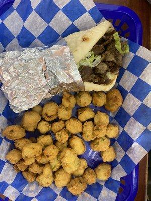 Gyro pita with a side of breaded okra.